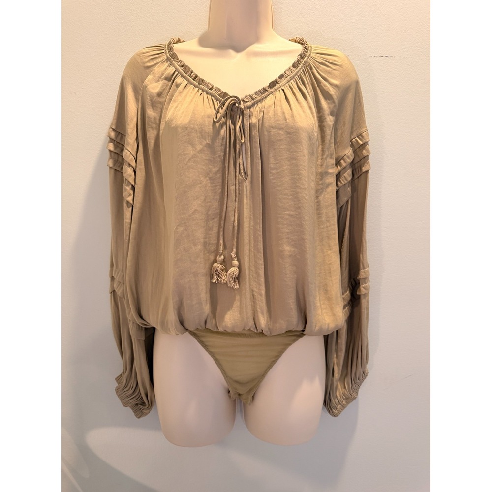 Free People Intimately Boho Peasant Bodysuit All Tucks Balloon Party Sage XS